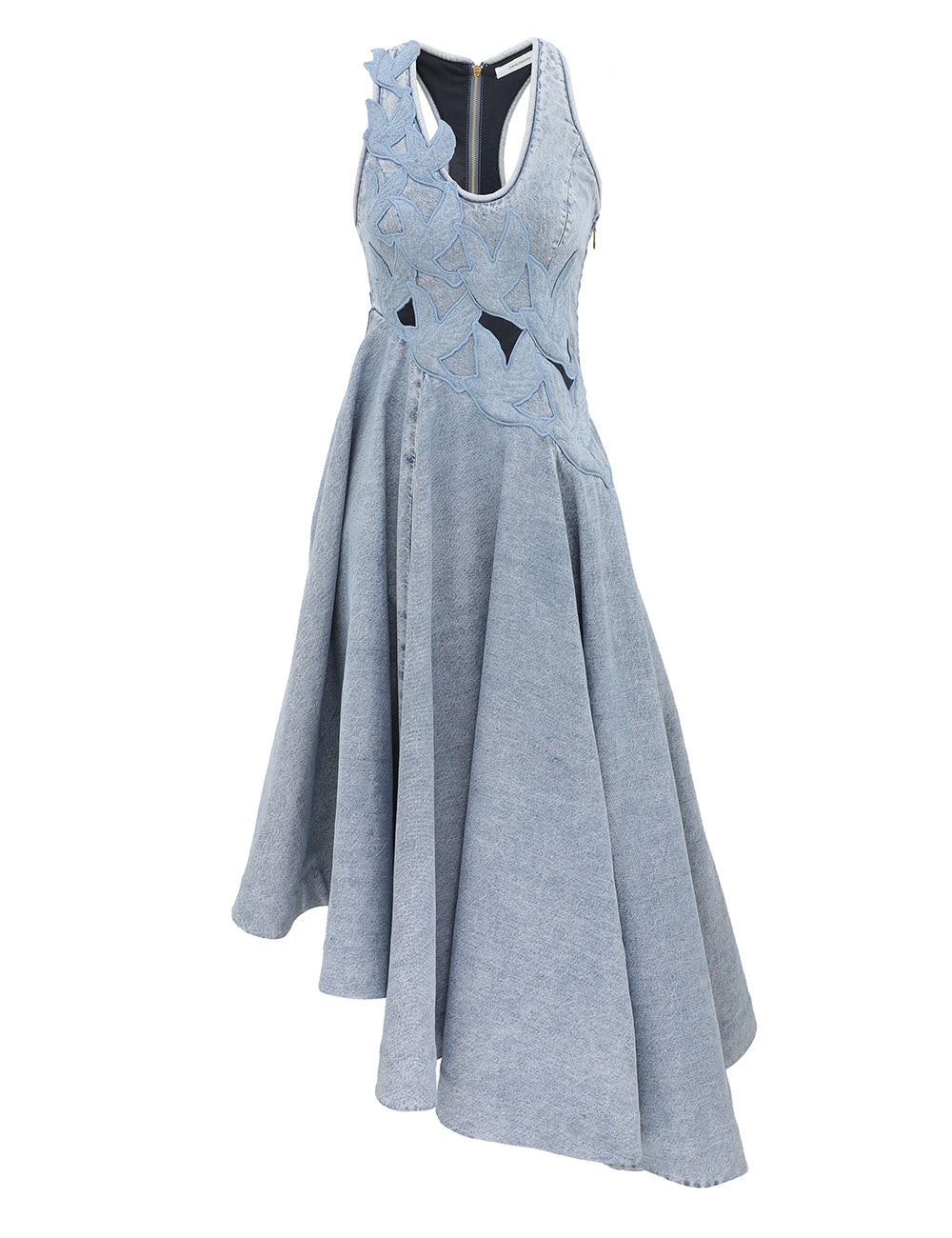 Zimm Natura Cutout Denim Midi Dress – Light-Wash Vintage Sky Blue Asymmetrical Midi
