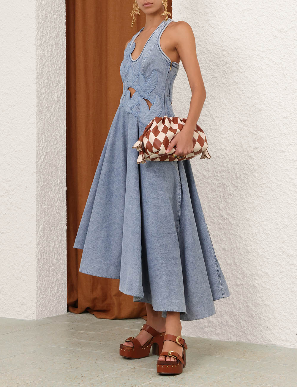 Zimm Natura Cutout Denim Midi Dress – Light-Wash Vintage Sky Blue Asymmetrical Midi