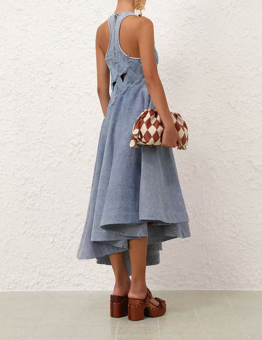 Zimm Natura Cutout Denim Midi Dress – Light-Wash Vintage Sky Blue Asymmetrical Midi