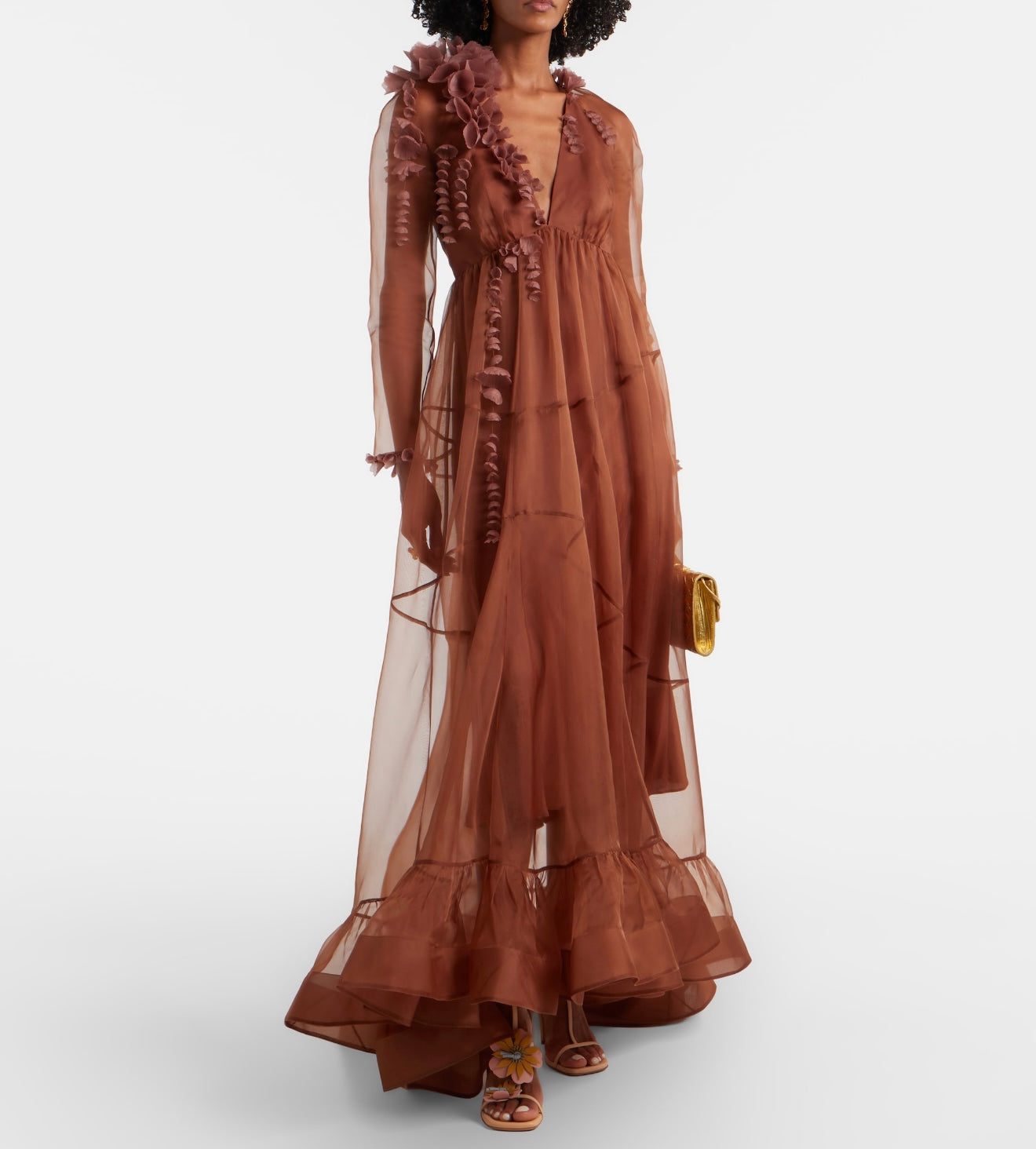 Zimm Natura Petal Gown – Rich Cocoa Brown Sheer Organza Plunging Maxi Dress