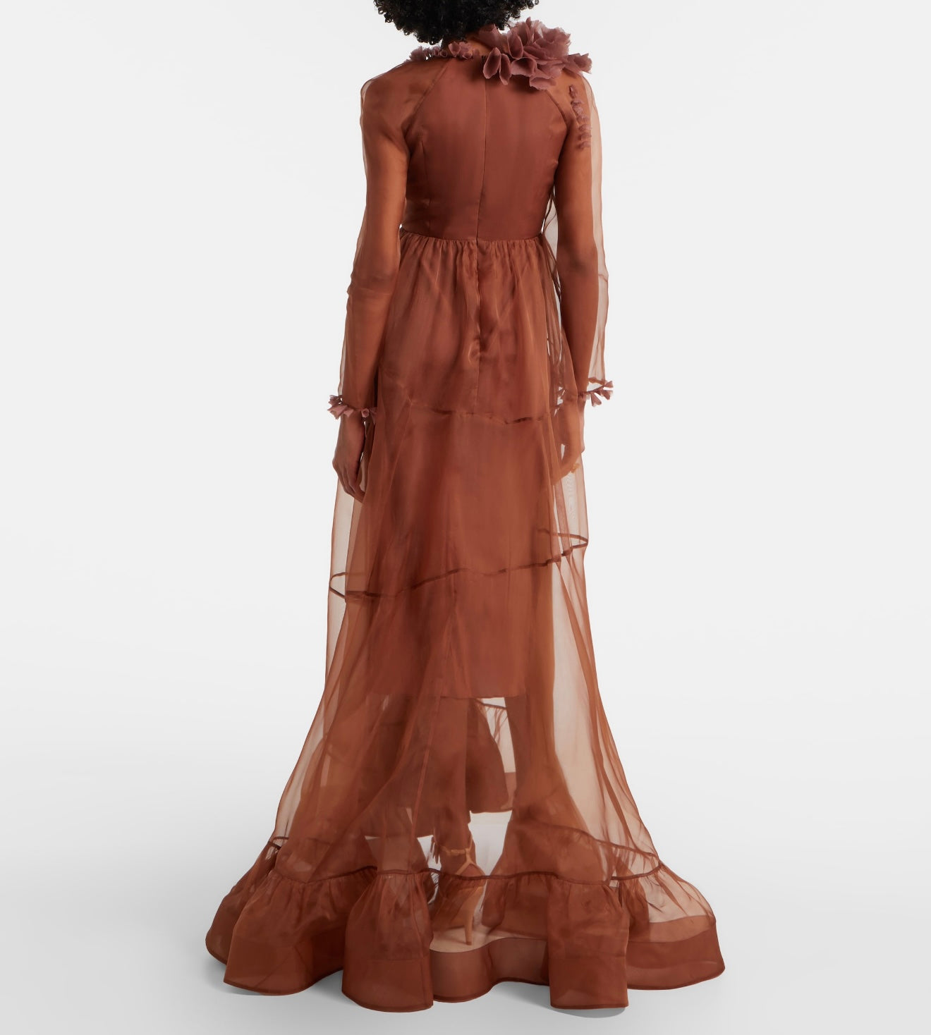 Zimm Natura Petal Gown – Rich Cocoa Brown Sheer Organza Plunging Maxi Dress