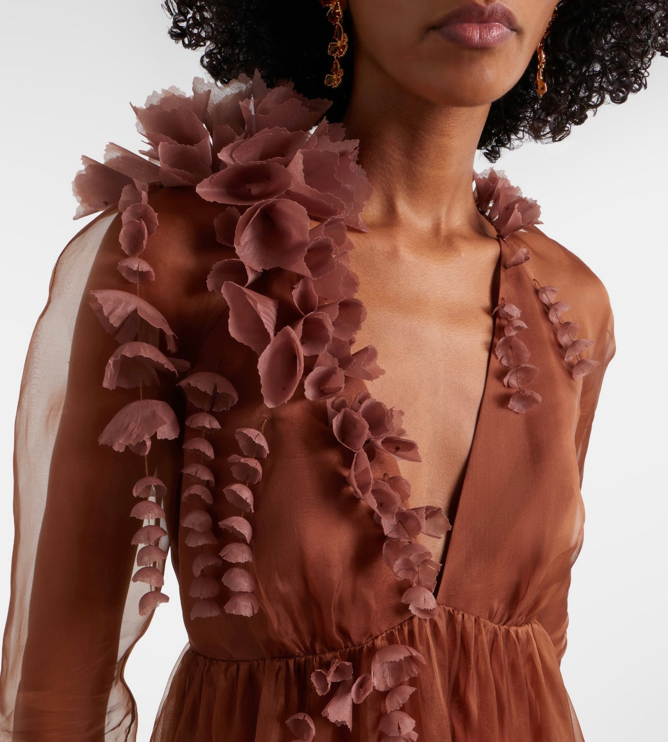 Zimm Natura Petal Gown – Rich Cocoa Brown Sheer Organza Plunging Maxi Dress