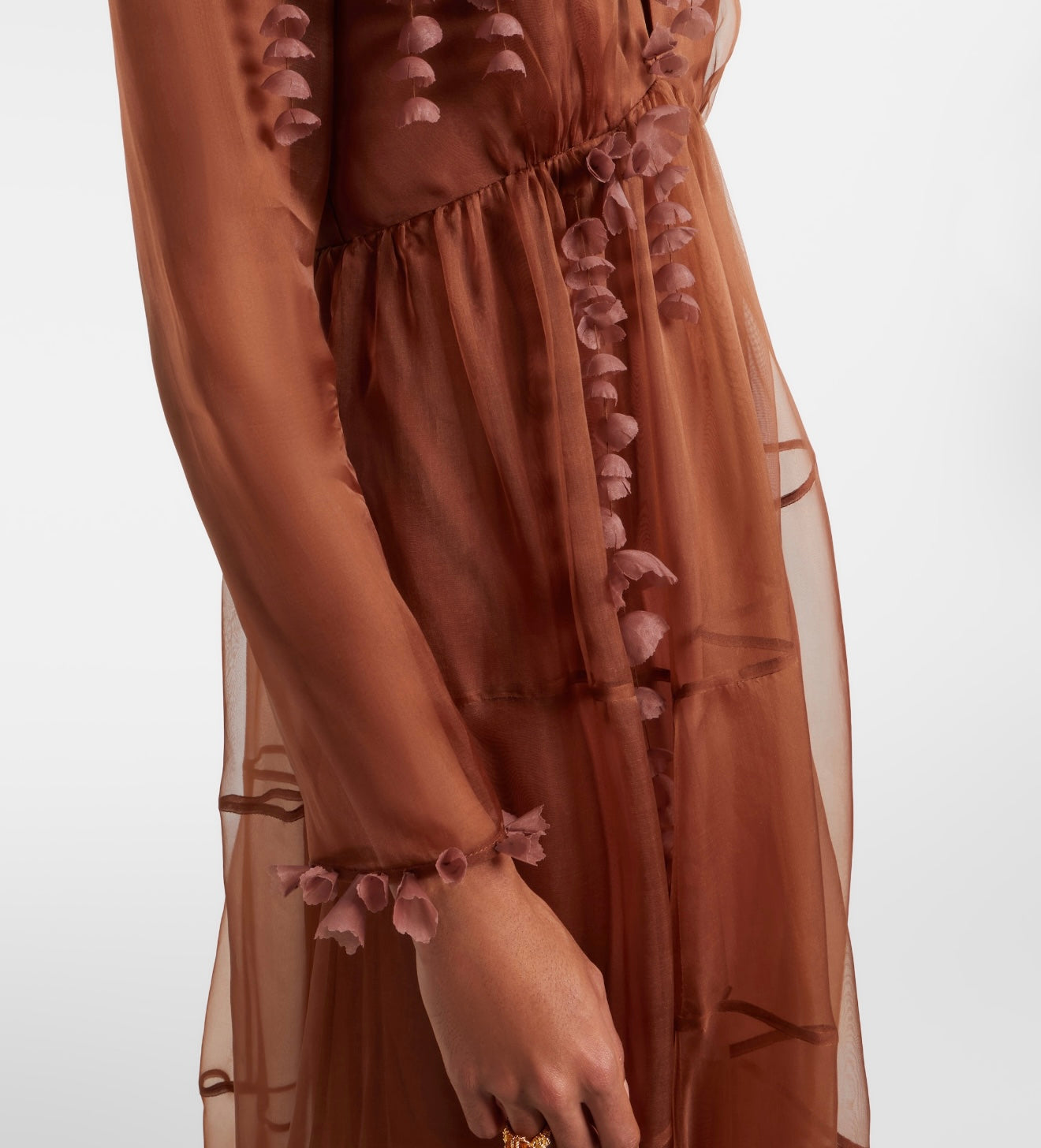 Zimm Natura Petal Gown – Rich Cocoa Brown Sheer Organza Plunging Maxi Dress