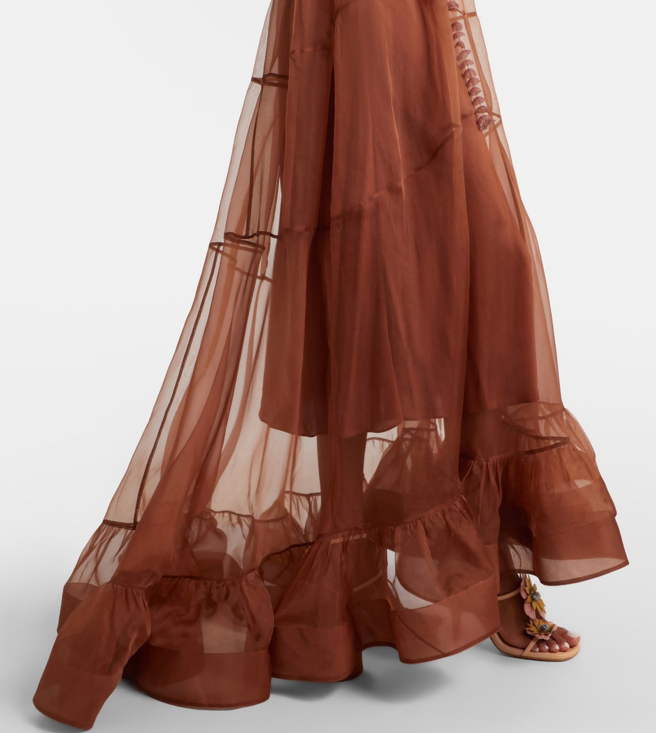 Zimm Natura Petal Gown – Rich Cocoa Brown Sheer Organza Plunging Maxi Dress