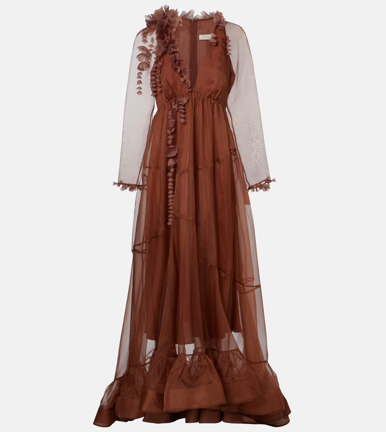 Zimm Natura Petal Gown – Rich Cocoa Brown Sheer Organza Plunging Maxi Dress