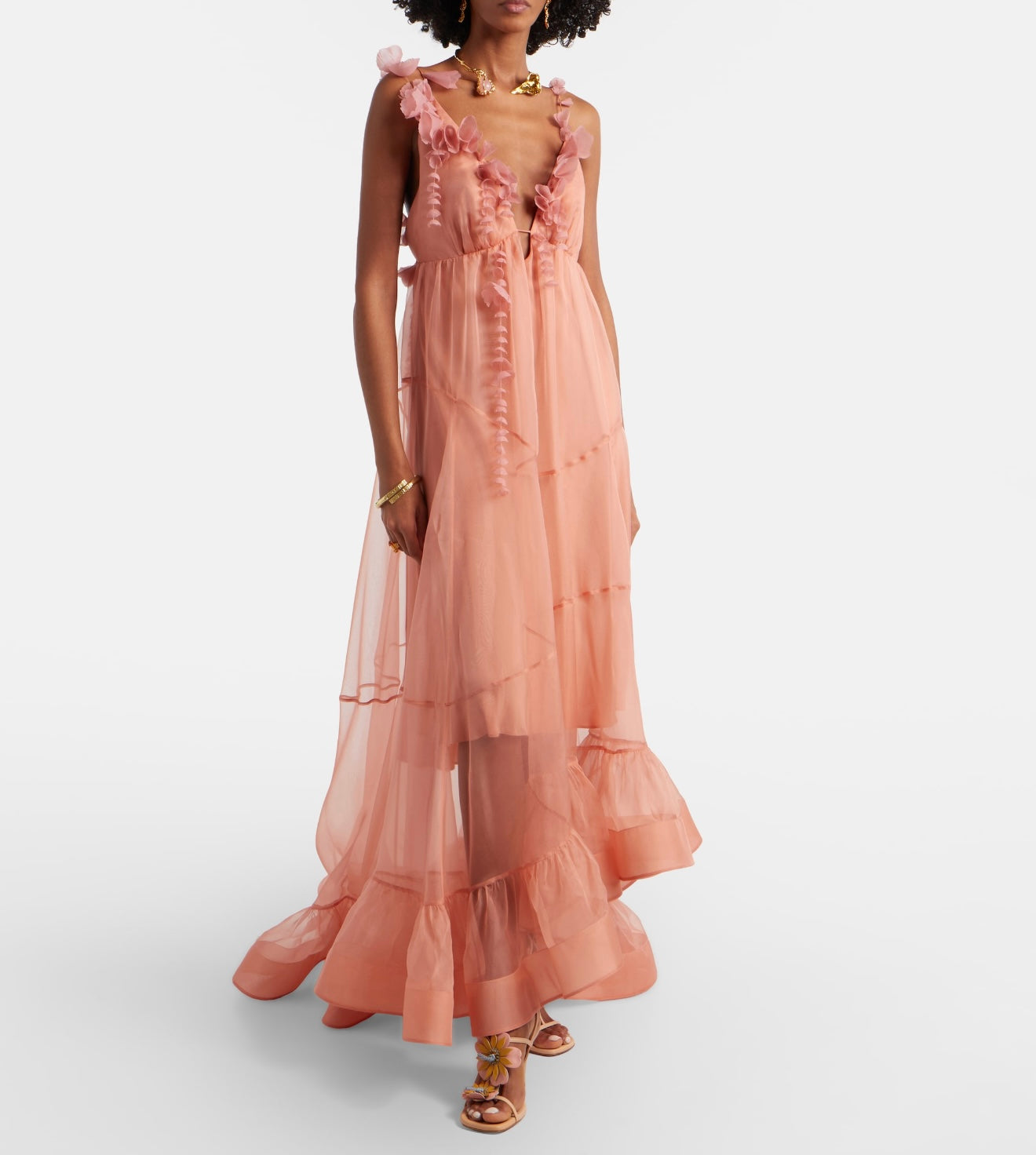 Zimm Natura Petal Gown – Luminous Peach Sheer Organza Plunging Open-Back Maxi Dress
