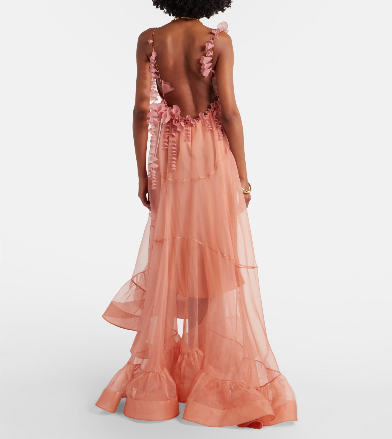Zimm Natura Petal Gown – Luminous Peach Sheer Organza Plunging Open-Back Maxi Dress