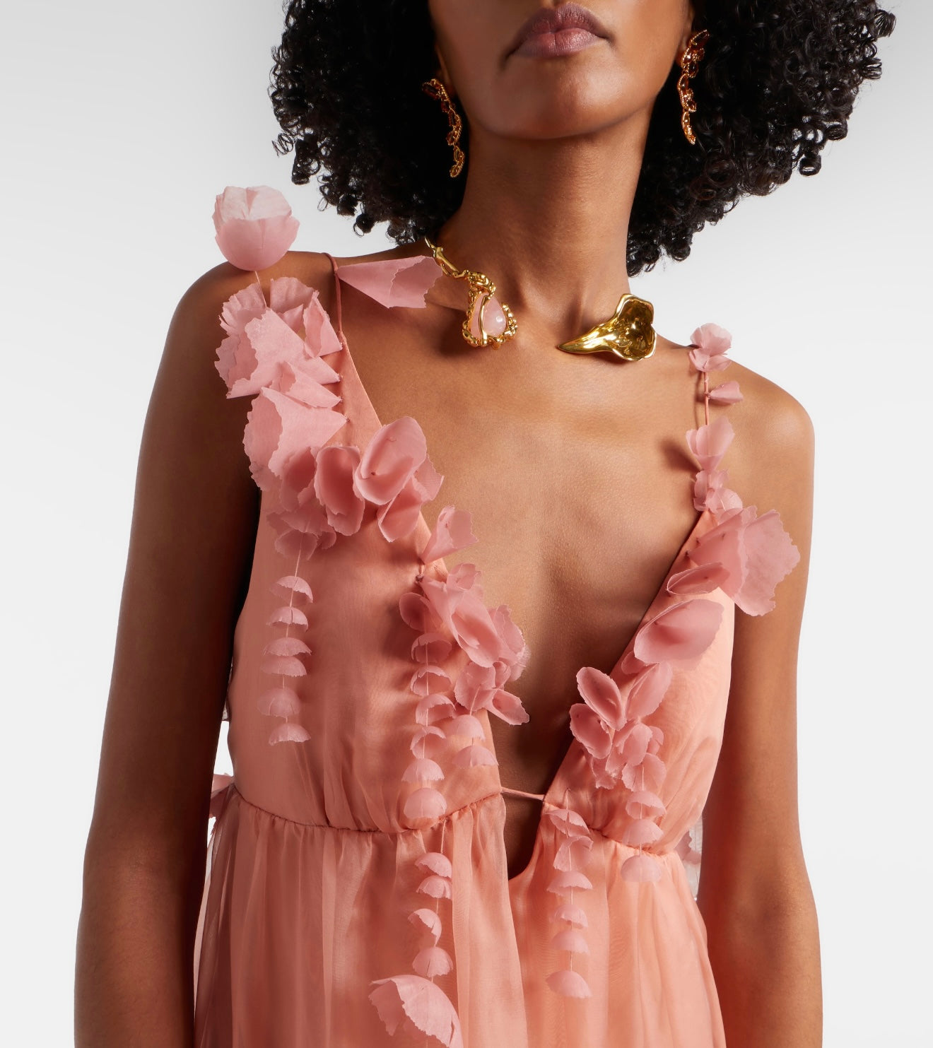 Zimm Natura Petal Gown – Luminous Peach Sheer Organza Plunging Open-Back Maxi Dress