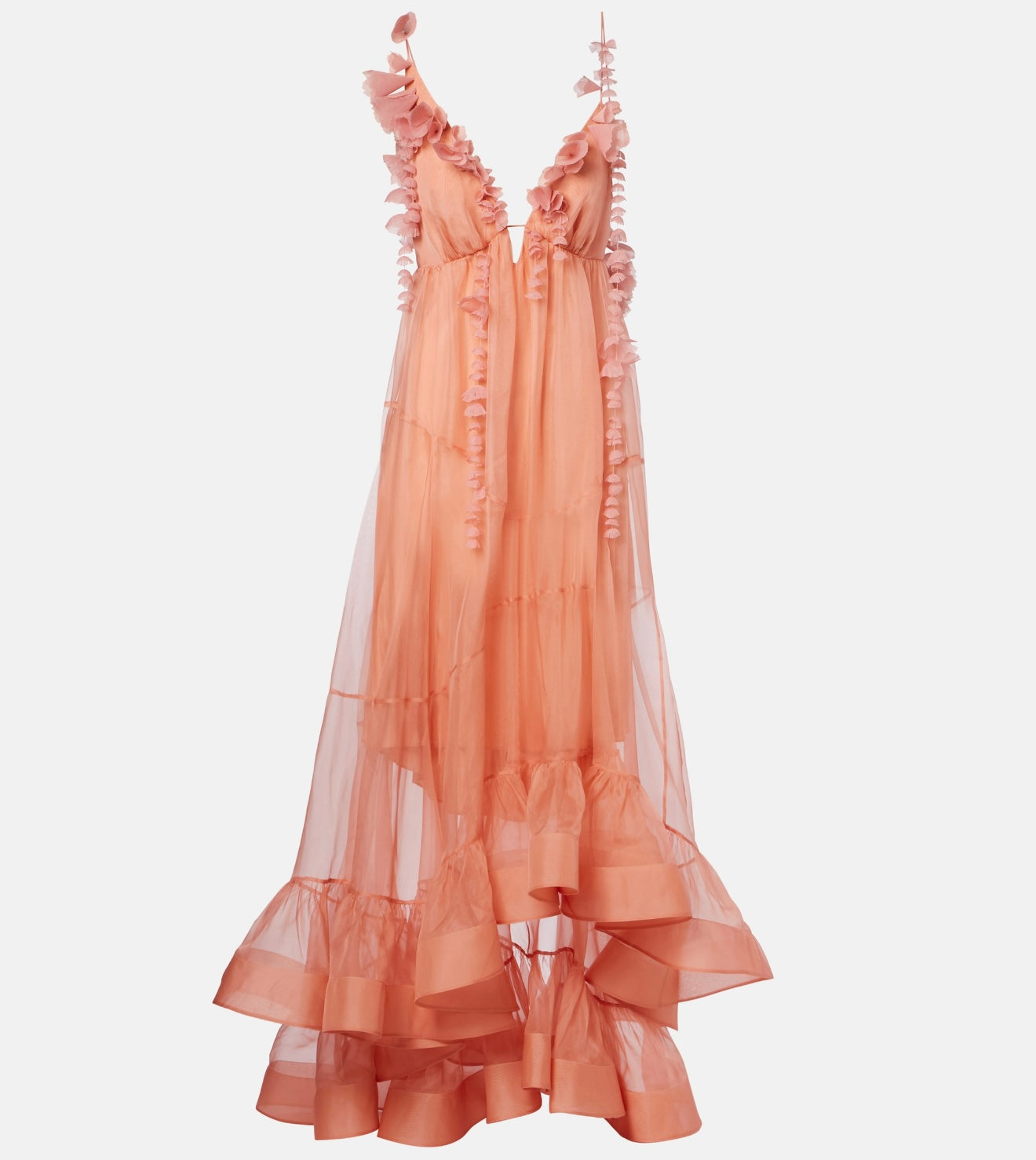 Zimm Natura Petal Gown – Luminous Peach Sheer Organza Plunging Open-Back Maxi Dress