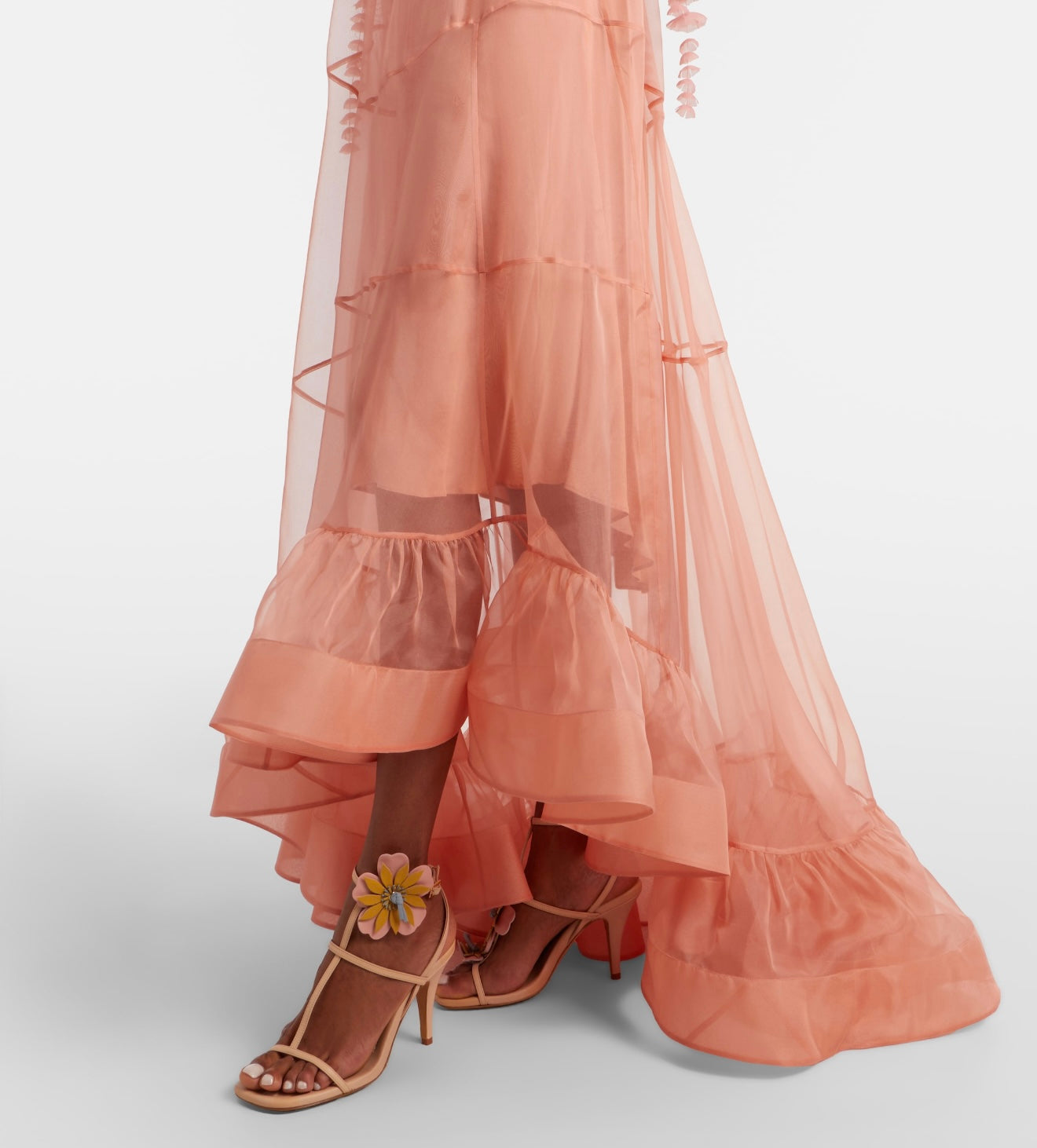 Zimm Natura Petal Gown – Luminous Peach Sheer Organza Plunging Open-Back Maxi Dress