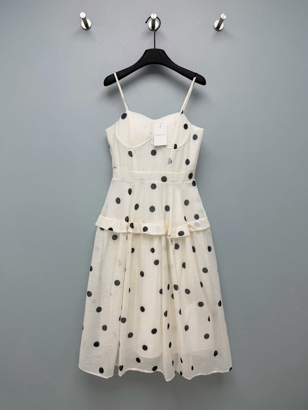 Natura Polka-Dot Tiered Midi Dress – Vintage Cream Linen-Silk Blend Corseted Gown