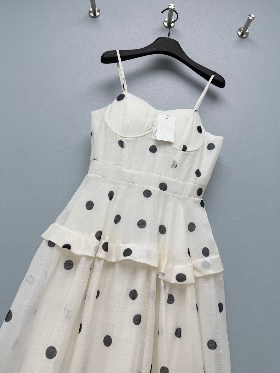 Natura Polka-Dot Tiered Midi Dress – Vintage Cream Linen-Silk Blend Corseted Gown
