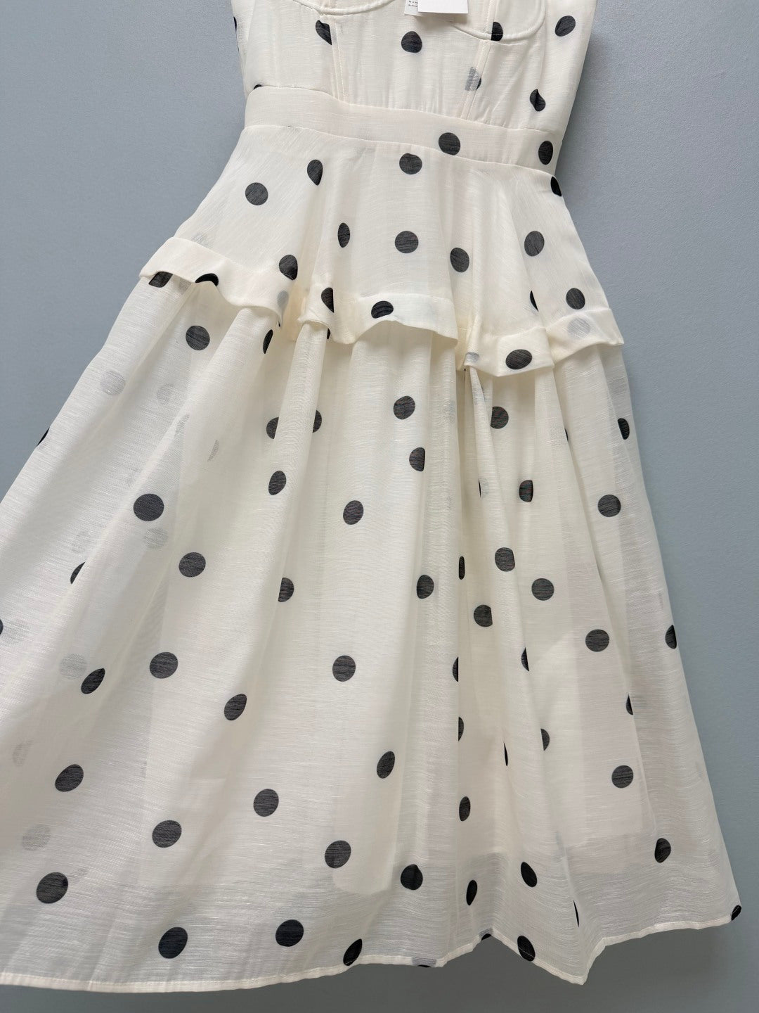 Natura Polka-Dot Tiered Midi Dress – Vintage Cream Linen-Silk Blend Corseted Gown