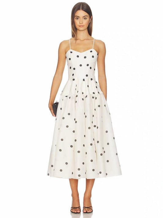 Natura Polka-Dot Tiered Midi Dress – Vintage Cream Linen-Silk Blend Corseted Gown