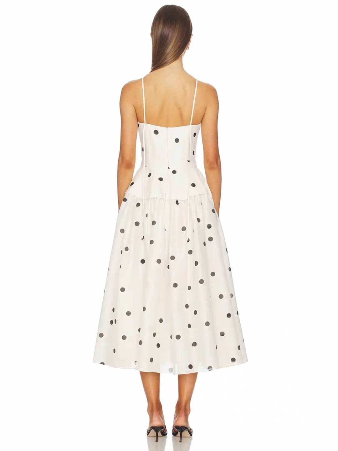 Natura Polka-Dot Tiered Midi Dress – Vintage Cream Linen-Silk Blend Corseted Gown