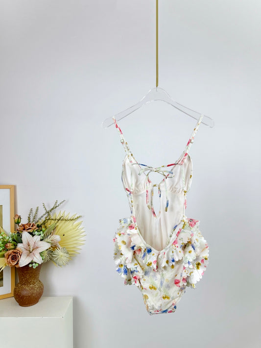 Natura Scallop Frill Floral Print One-Piece Swimsuit – White Multi-Color Floral Halter Swimsuit