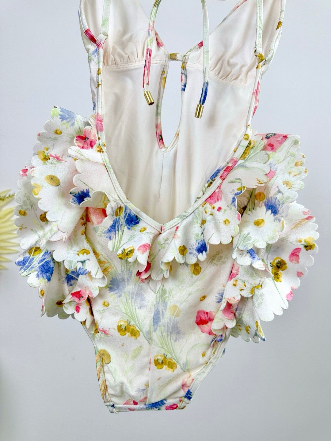 Natura Scallop Frill Floral Print One-Piece Swimsuit – White Multi-Color Floral Halter Swimsuit