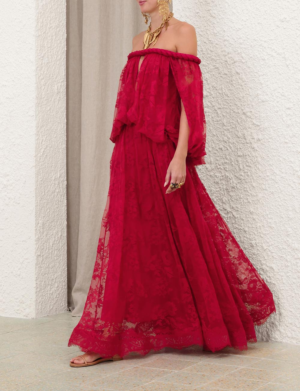 Zimm Natura Twisted Cord Maxi Dress – Vivid Crimson Floral Lace Off-the-Shoulder Dress