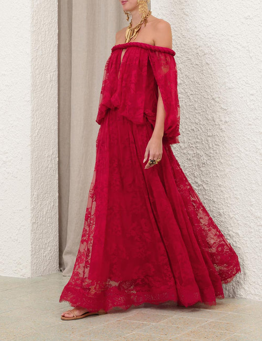 Zimm Natura Twisted Cord Maxi Dress – Vivid Crimson Floral Lace Off-the-Shoulder Dress