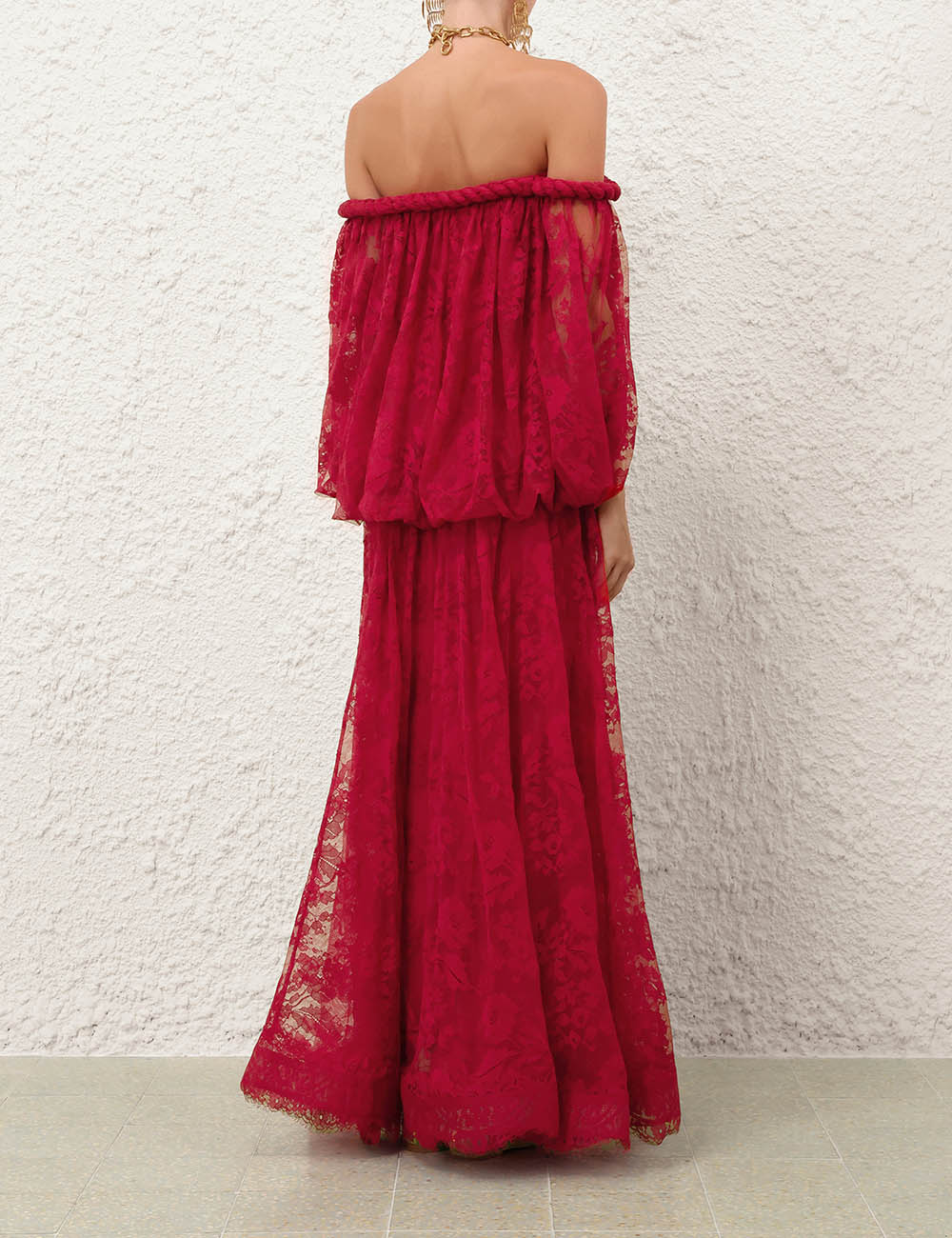 Zimm Natura Twisted Cord Maxi Dress – Vivid Crimson Floral Lace Off-the-Shoulder Dress
