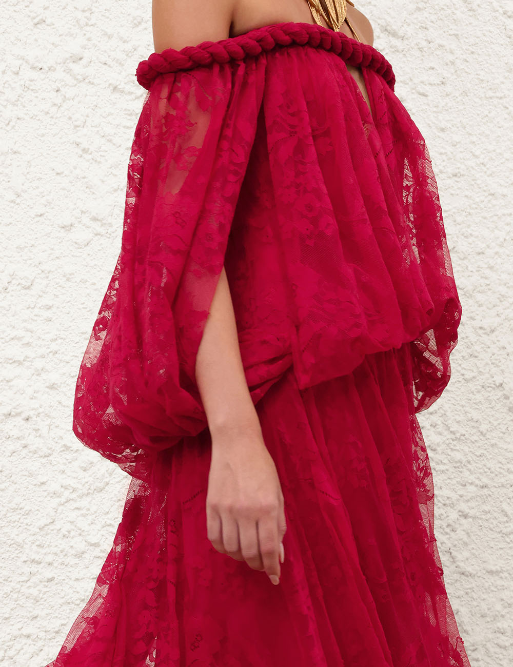 Zimm Natura Twisted Cord Maxi Dress – Vivid Crimson Floral Lace Off-the-Shoulder Dress
