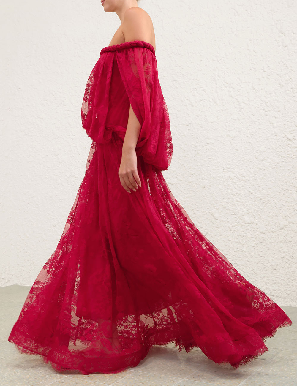 Zimm Natura Twisted Cord Maxi Dress – Vivid Crimson Floral Lace Off-the-Shoulder Dress