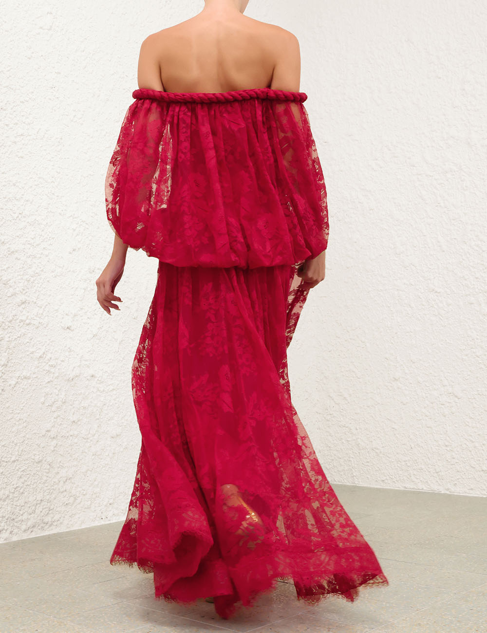 Zimm Natura Twisted Cord Maxi Dress – Vivid Crimson Floral Lace Off-the-Shoulder Dress