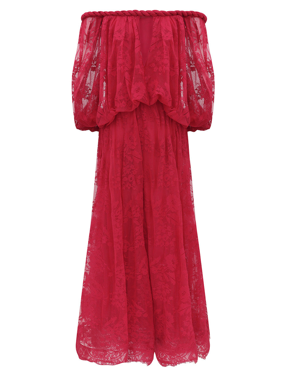 Zimm Natura Twisted Cord Maxi Dress – Vivid Crimson Floral Lace Off-the-Shoulder Dress