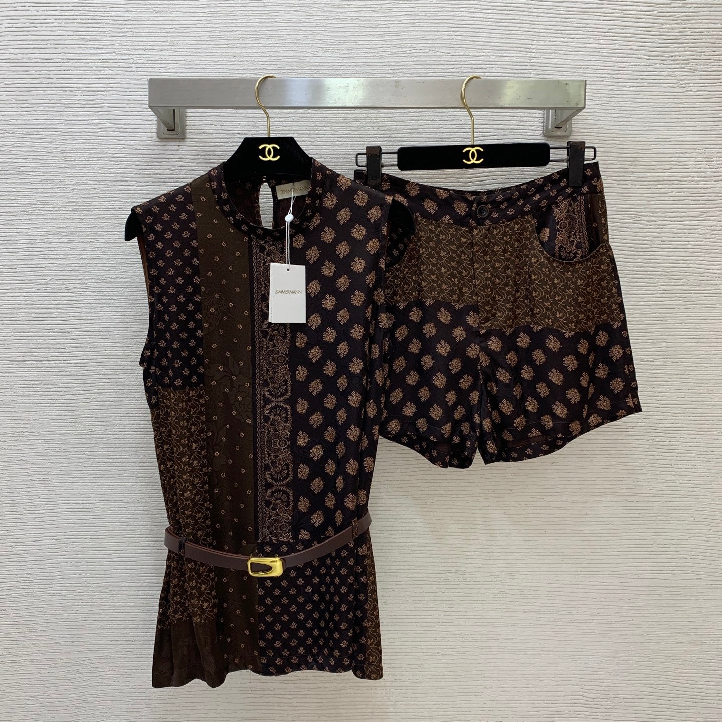Zimm Patchwork Floral Silk Set – Sleeveless Blouse and High-Rise Tailored Shorts Co-Ord