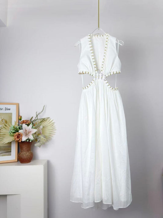 Zimm Tama Beaded Cutout Midi Dress – Optic Ivory Linen-Silk Plunging Midi Dress