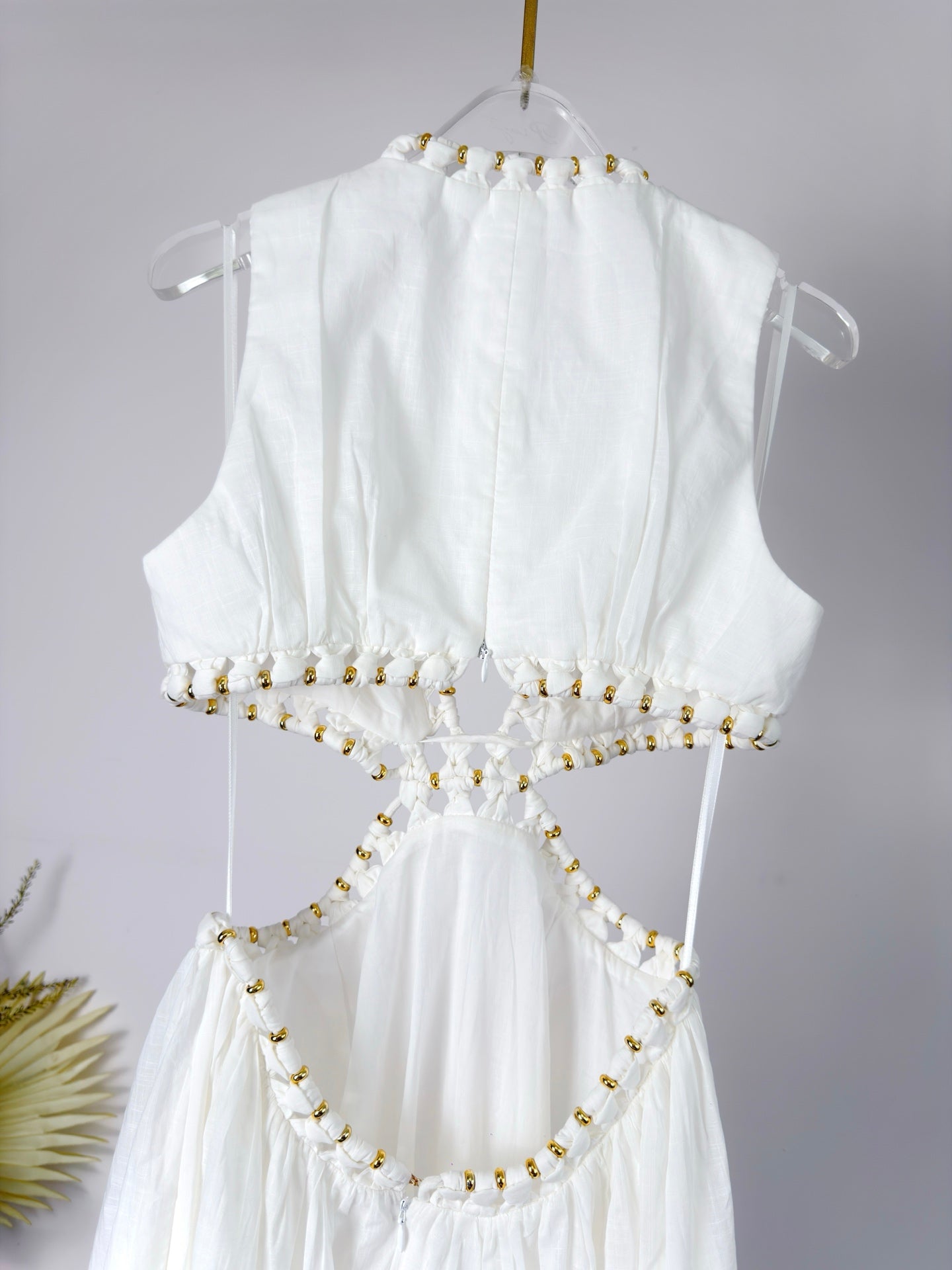 Zimm Tama Beaded Cutout Midi Dress – Optic Ivory Linen-Silk Plunging Midi Dress