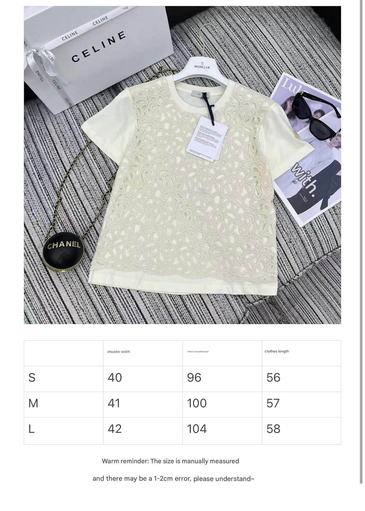 Floral Guipure Lace Overlay T-Shirt – Tonal Ivory Premium Cotton Jersey Crewneck Tee